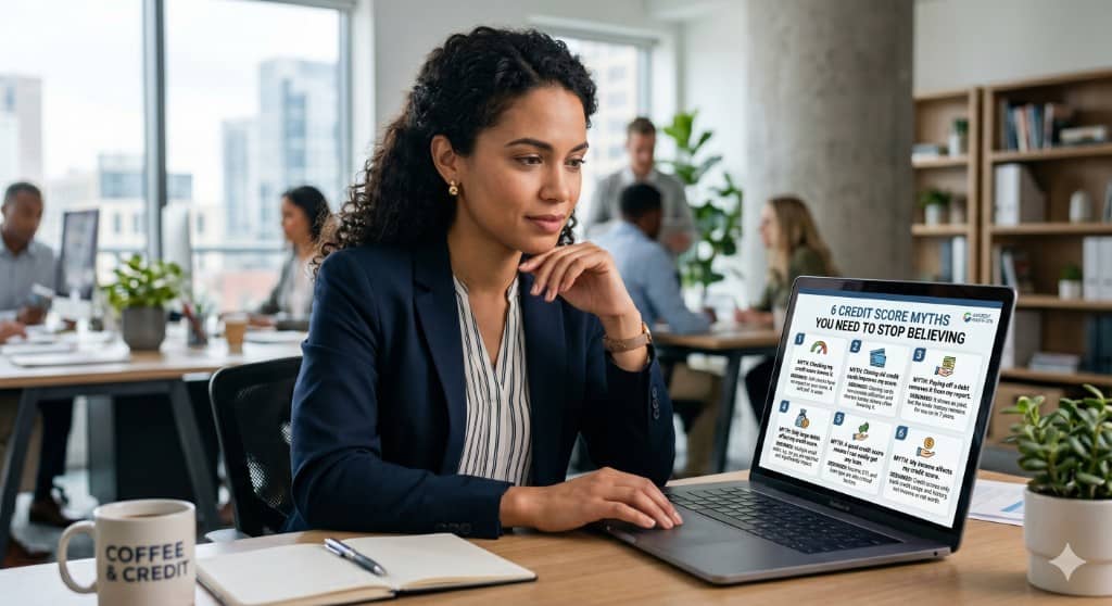Professional reviewing 6 credit score myths on a laptop — soft vs hard checks, closing cards, paid debts, small debts, loan approval, and income impact.