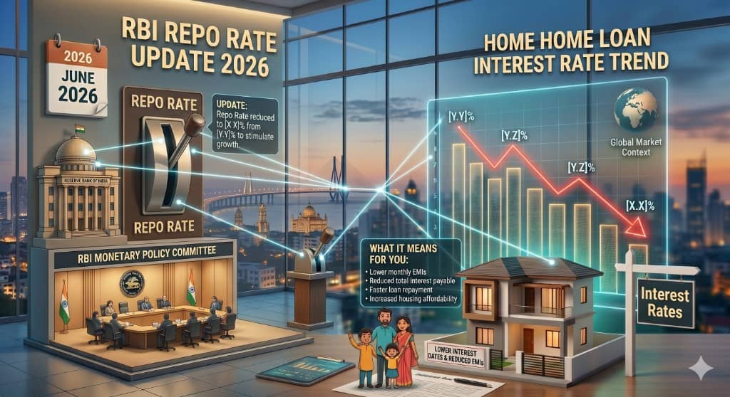 RBI repo rate update 2026 infographic showing the Reserve Bank of India building, repo rate lever, home loan interest rate trend chart, and benefits for homebuyers