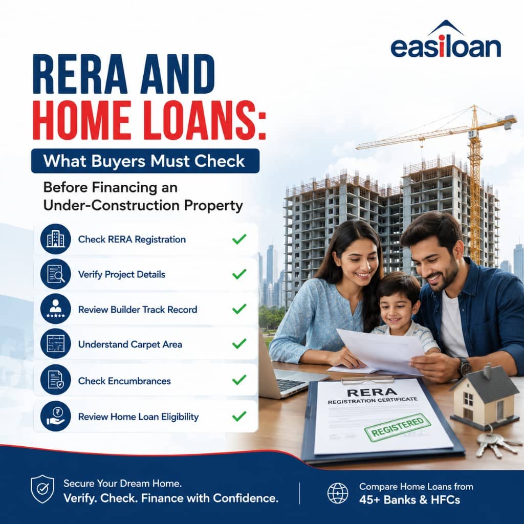 RERA and home loans guide with a family reviewing under-construction property documents and a registration certificate
