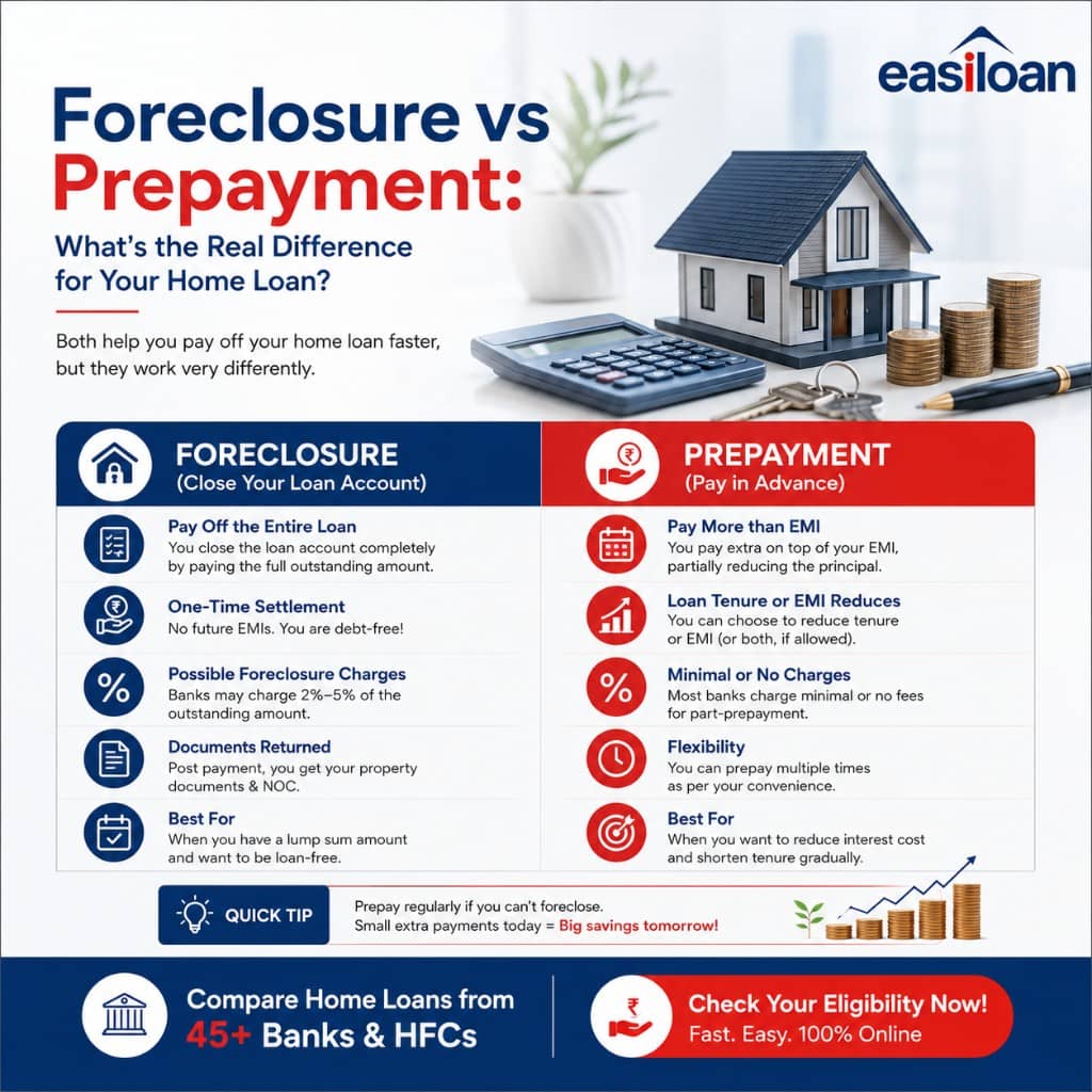 Foreclosure vs prepayment comparison for home loans showing payoff differences, charges, documents, and when each option is best