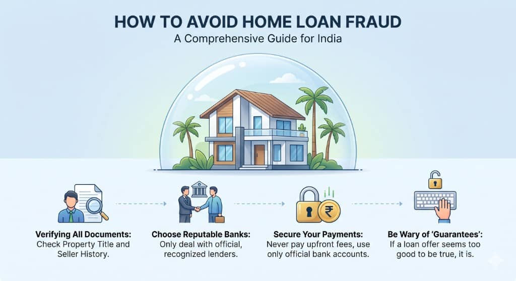 Illustration showing how to avoid home loan fraud in India with document checks, reputable banks, secure payments, and caution against fake guarantees.