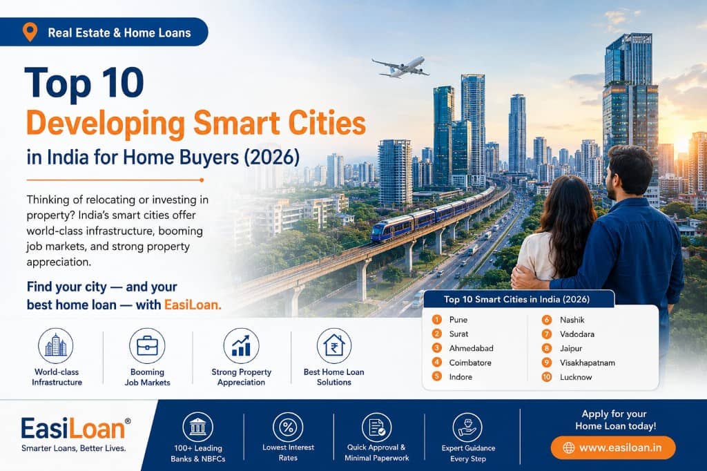 Top 10 developing smart cities in India for home buyers in 2026 โ Pune, Surat, Ahmedabad, Coimbatore, Indore, Nashik, Vadodara, Jaipur, Visakhapatnam, and Lucknow with EasiLoan home loan solutions.