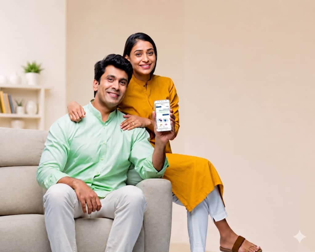A smiling couple in a bright living room using the Easiloan app on a smartphone