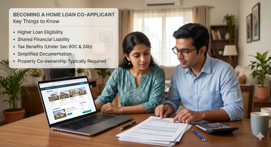 A couple reviewing home loan co-applicant documents and eligibility on a laptop, with key benefits listed including higher eligibility, shared liability, and tax benefits