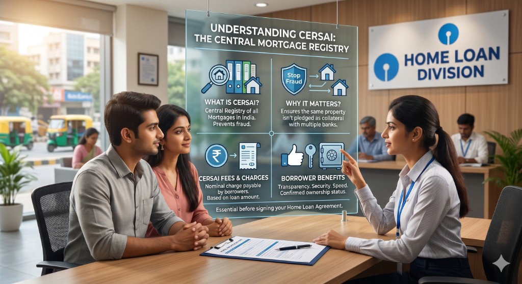 Bank official explaining CERSAI central mortgage registry to a couple at a home loan desk, with infographic on fees, fraud prevention, and borrower benefits