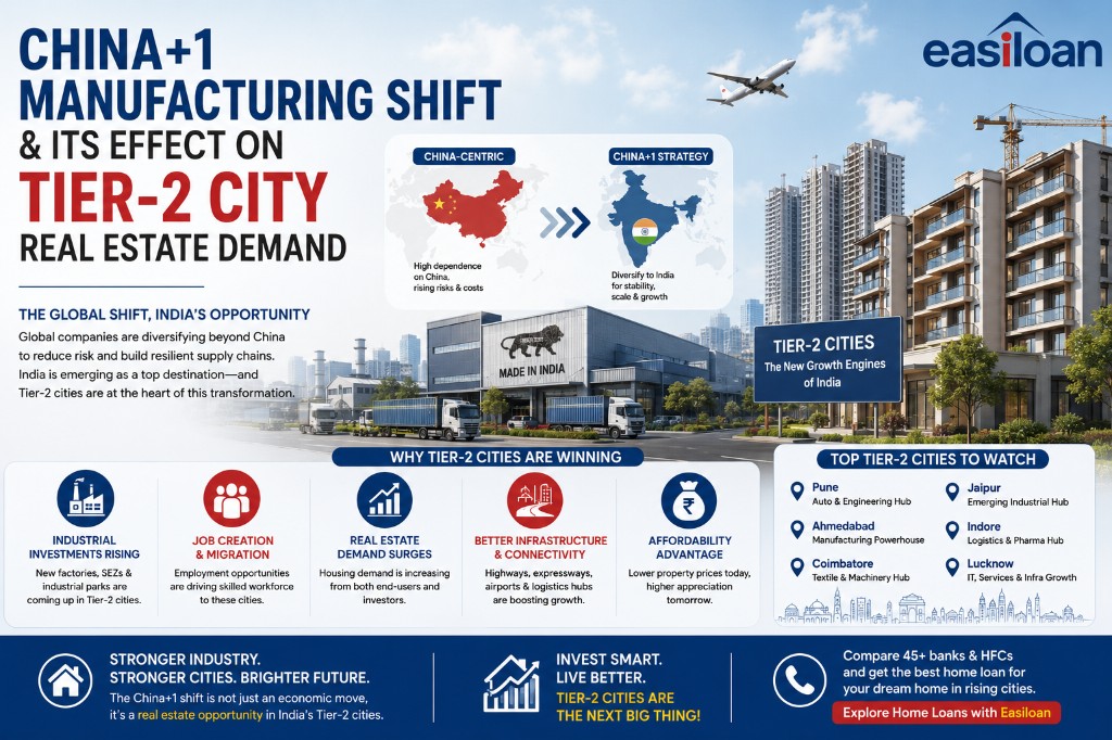 Infographic on China+1 manufacturing shift and its effect on tier-2 city real estate demand in India — Made in India factory, residential towers, and top cities like Pune, Ahmedabad, and Coimbatore