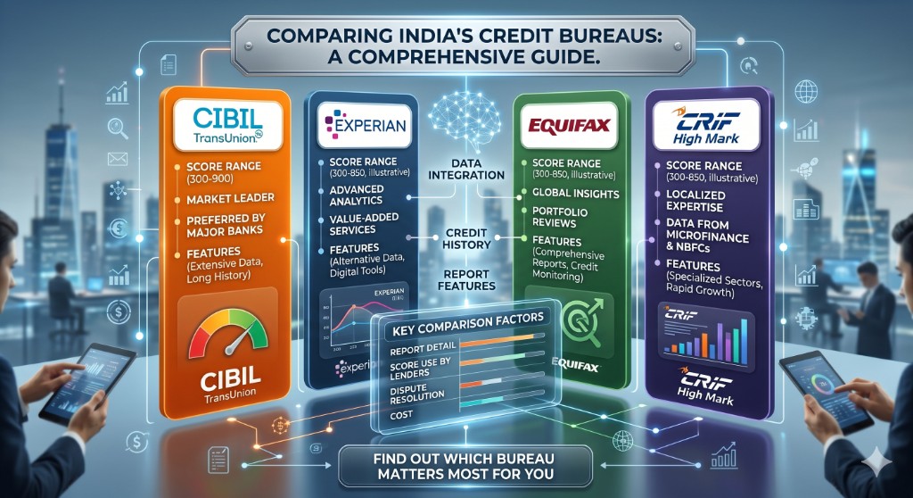 Infographic comparing India's four credit bureaus — CIBIL TransUnion, Experian, Equifax, and CRIF High Mark — with score ranges, lender usage, report features, and key comparison factors