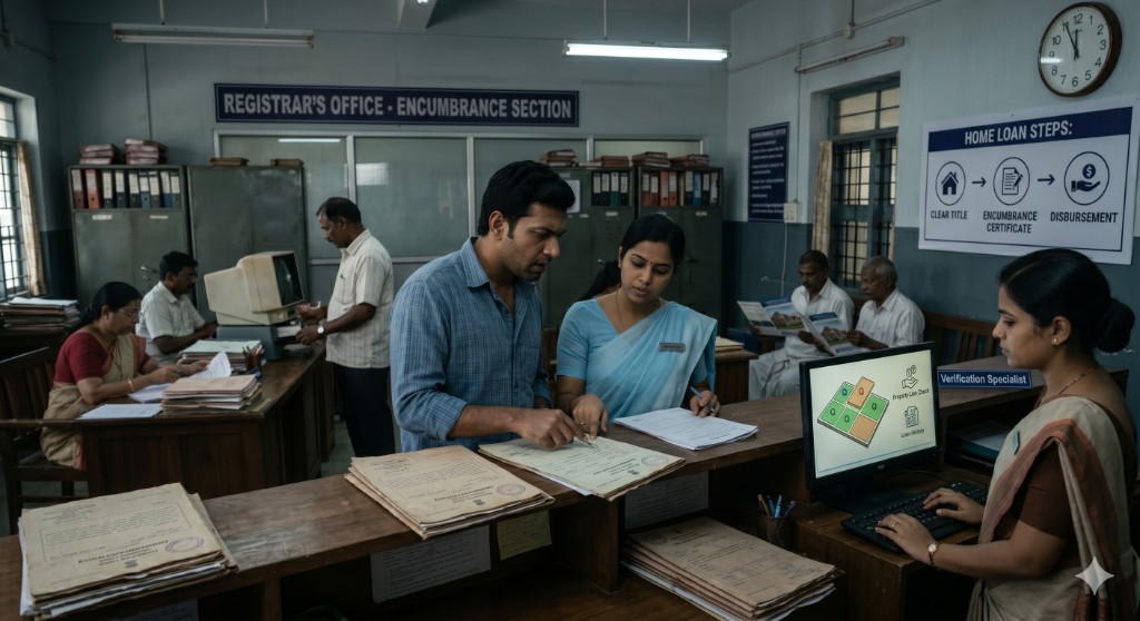 Registrar's office encumbrance section with staff verifying property documents, lien checks, and home loan steps from clear title to encumbrance certificate and disbursement