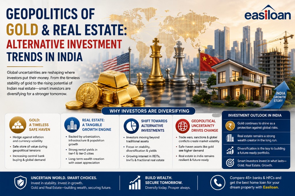 Infographic on geopolitics of gold and real estate as alternative investment trends in India — gold bars, chess strategy, residential property, and India growth story