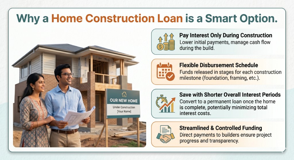 Young couple reviewing blueprints in front of their home under construction, with infographic highlights on interest-only payments, flexible disbursement, shorter interest periods, and controlled funding