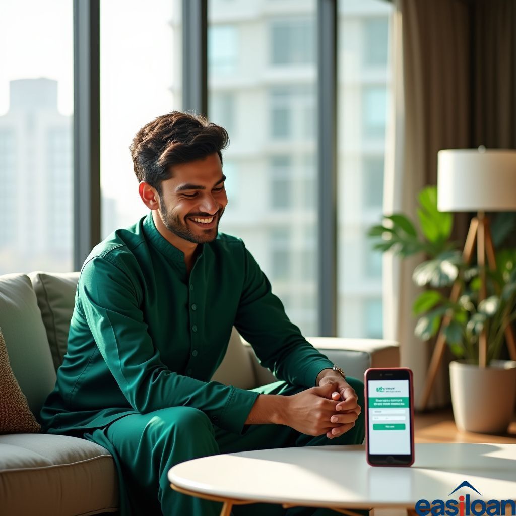 A smiling man in a green kurta sitting on a sofa, looking at a smartphone on a coffee table displaying the Easiloan app in a modern living room.