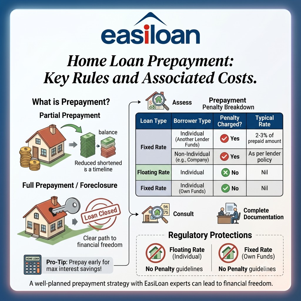 Home loan prepayment infographic showing partial and full prepayment types, penalty breakdown by loan and borrower type, process steps, and regulatory protections