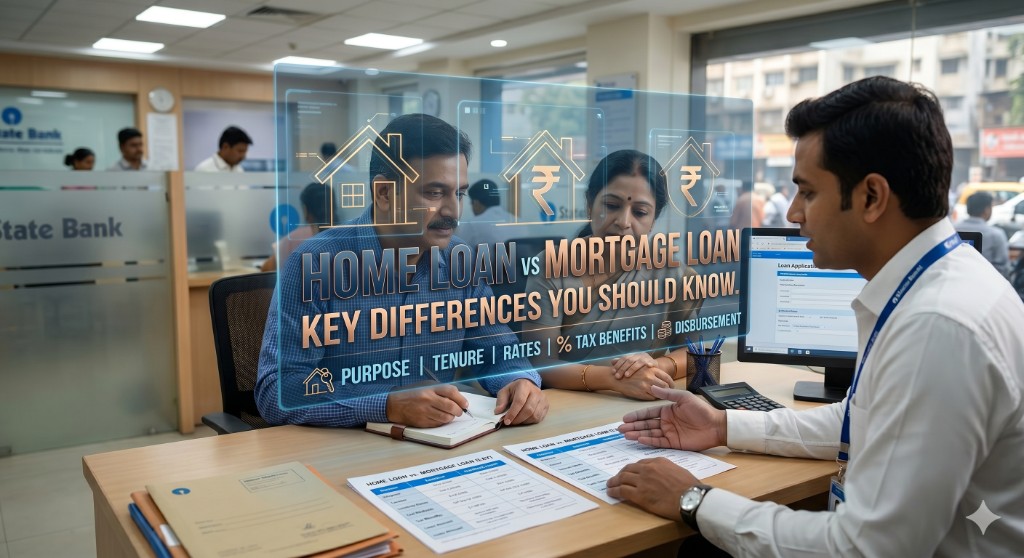 Home loan vs mortgage loan comparison showing key differences in purpose, tenure, rates, tax benefits, and disbursement.