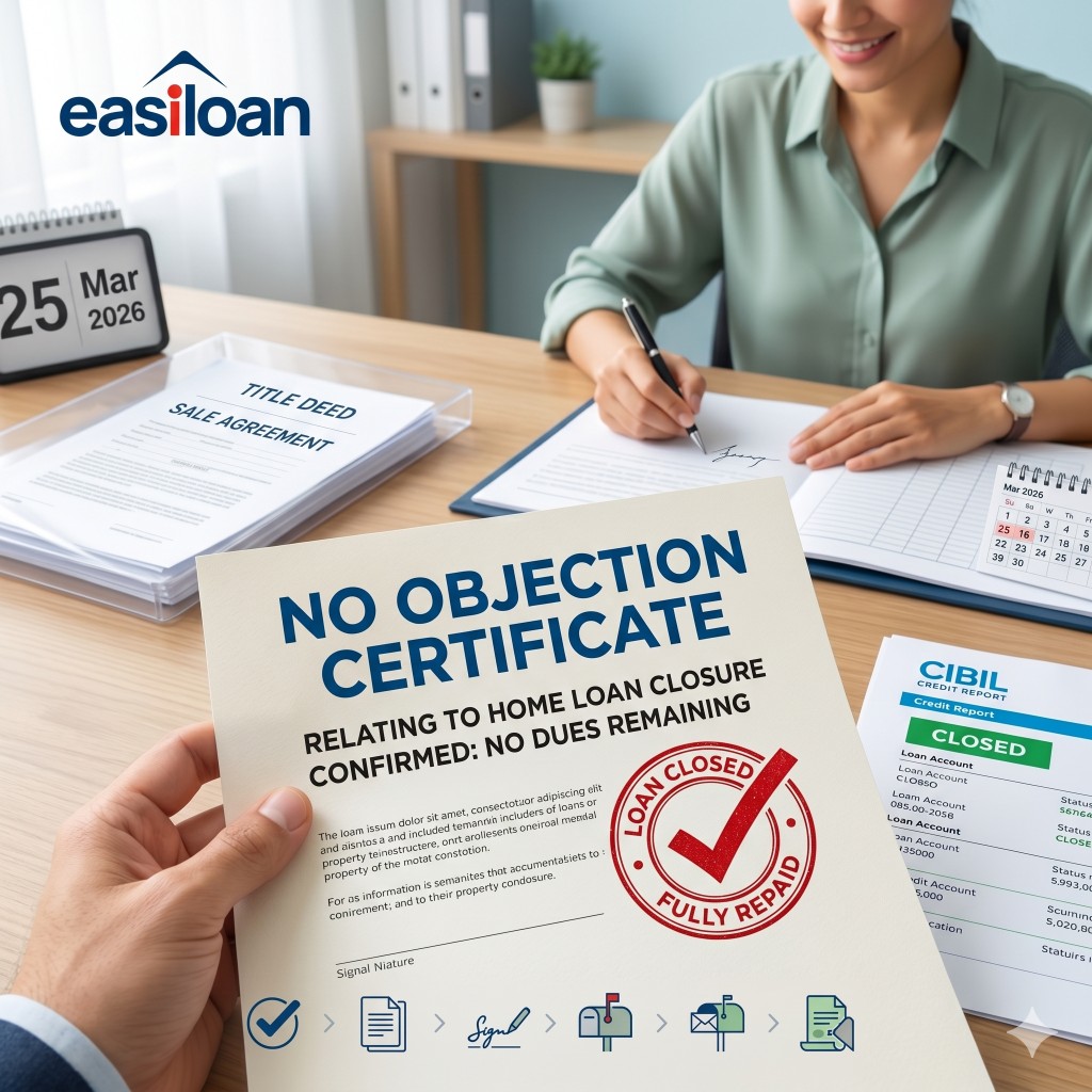 Hand holding a home loan NOC certificate confirming no dues, with title deed, CIBIL closed status, and loan closure stamp on a desk