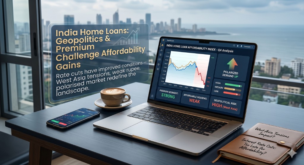 A laptop displaying India Home Loan Affordability Index Q4 analysis on a desk with city skyline view, illustrating geopolitics and premium housing market trends.
