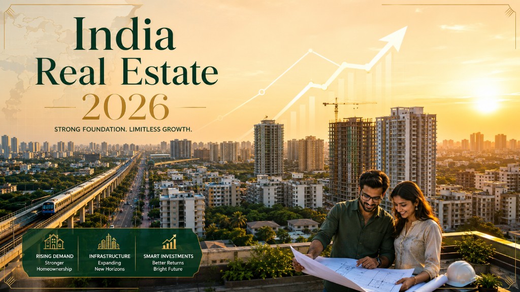 India Real Estate 2026 — city skyline with metro, rising demand, infrastructure growth, and smart property investment opportunities across Indian markets.