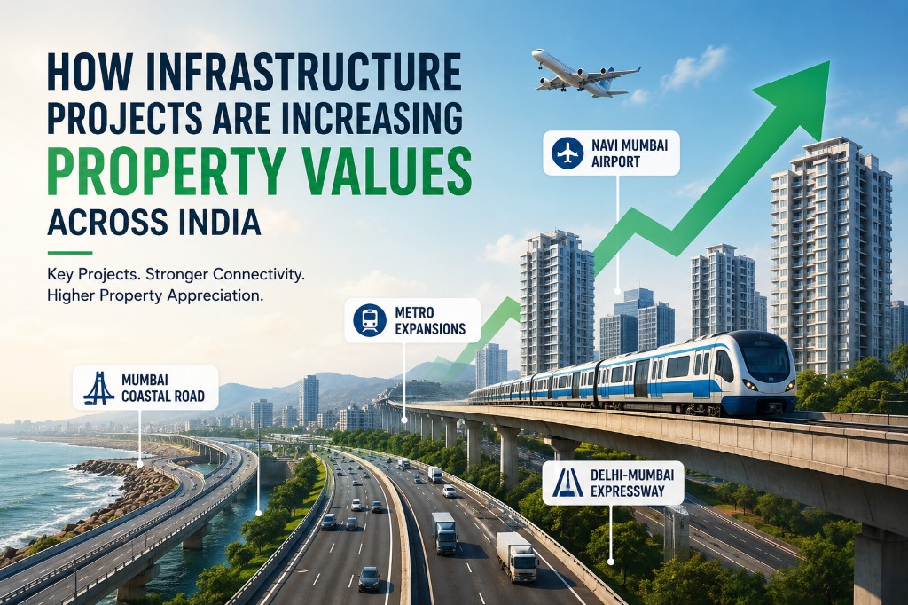 Infographic showing how infrastructure projects like Mumbai Coastal Road, metro expansions, Navi Mumbai Airport, and Delhi-Mumbai Expressway are increasing property values across India in 2026.