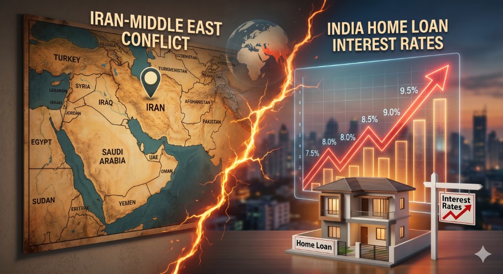 Split graphic showing Iran-Middle East conflict map on one side and rising India home loan interest rates with a house model on the other