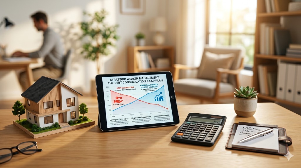 Desk setup with a house model, calculator, and tablet showing strategic wealth management through debt consolidation and a Loan Against Property plan.