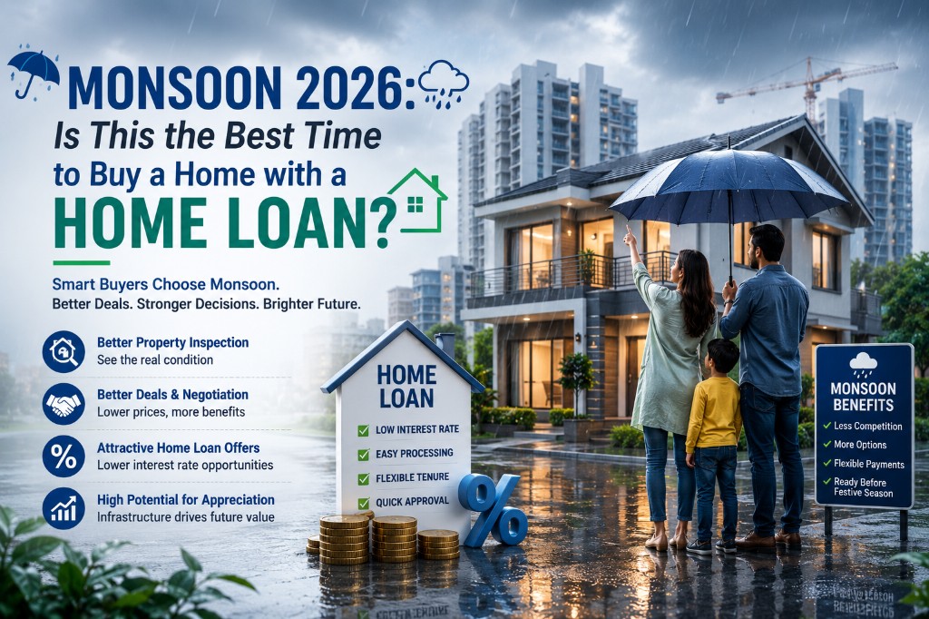 Family under an umbrella viewing a home during monsoon rain — Monsoon 2026 guide on buying a home with a home loan, better deals, and property inspection benefits.