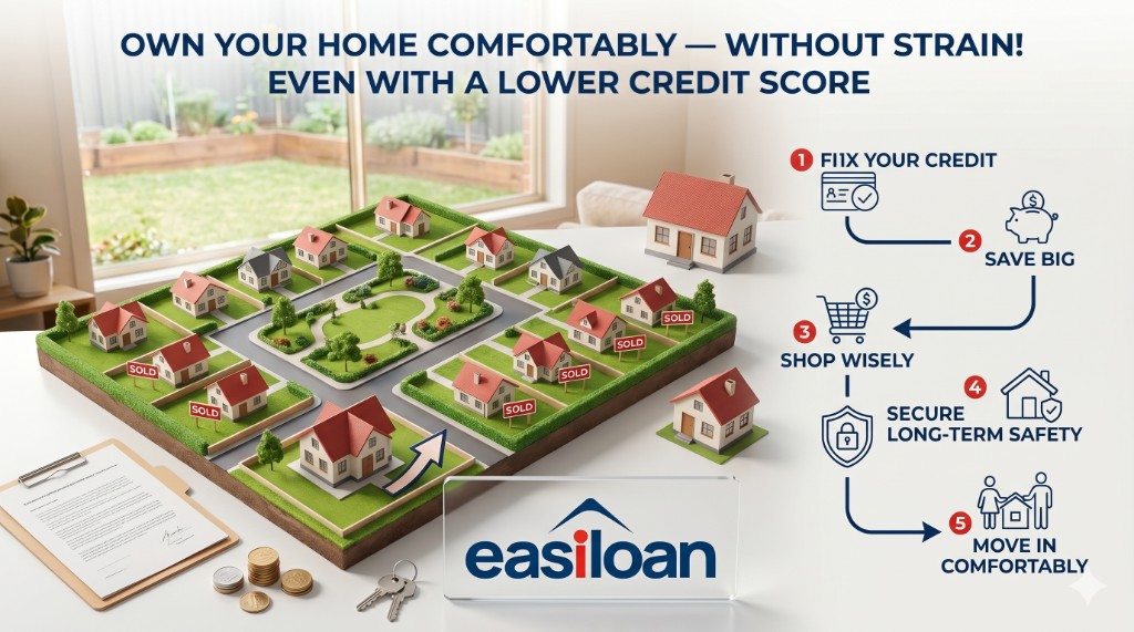 Infographic by Easiloan showing a 5-step process to own a home with a lower credit score, featuring a miniature 3D neighborhood model, financial documents, and keys.