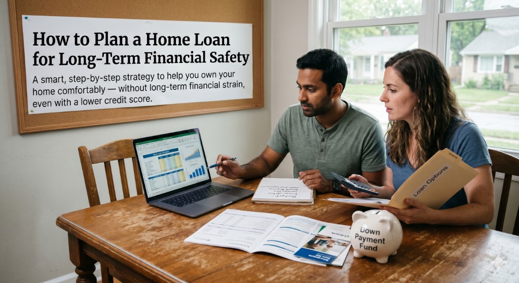 A couple planning their home loan at a dining table with a laptop showing a home loan calculator, loan options folder, and a down payment fund piggy bank.