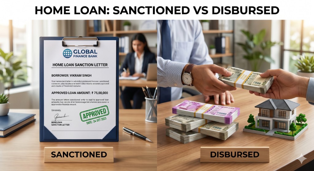 Home loan sanctioned vs disbursed graphic with sanction letter and cash disbursement comparison.