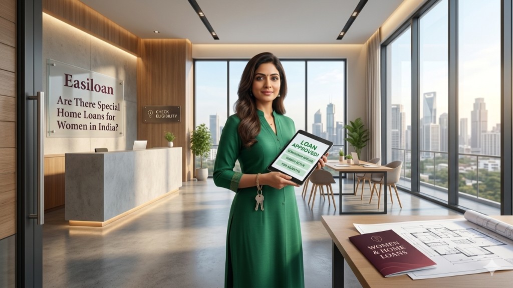 Woman holding house keys and tablet showing loan approved at Easiloan office — special home loan benefits for women in India