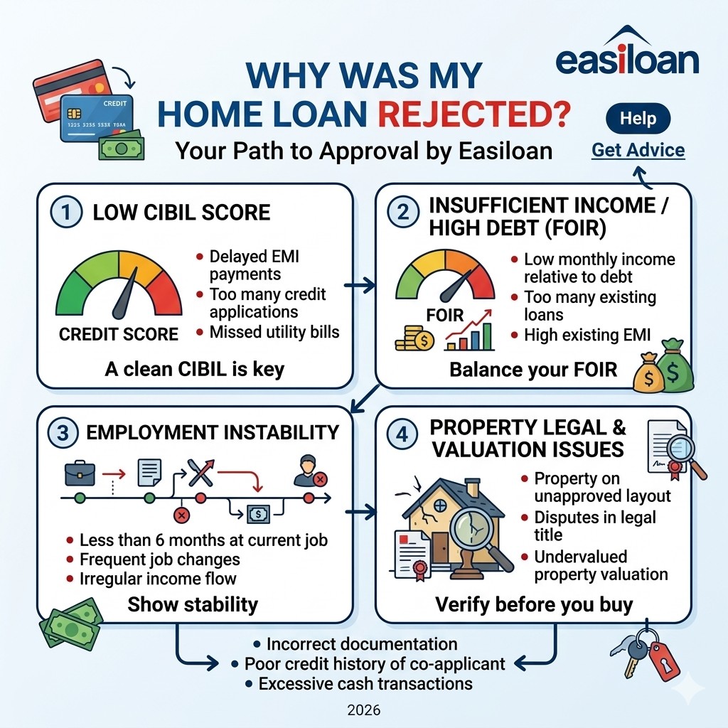 Infographic: Why was my home loan rejected — low CIBIL score, high FOIR, employment instability, and property legal issues, with your path to approval by Easiloan