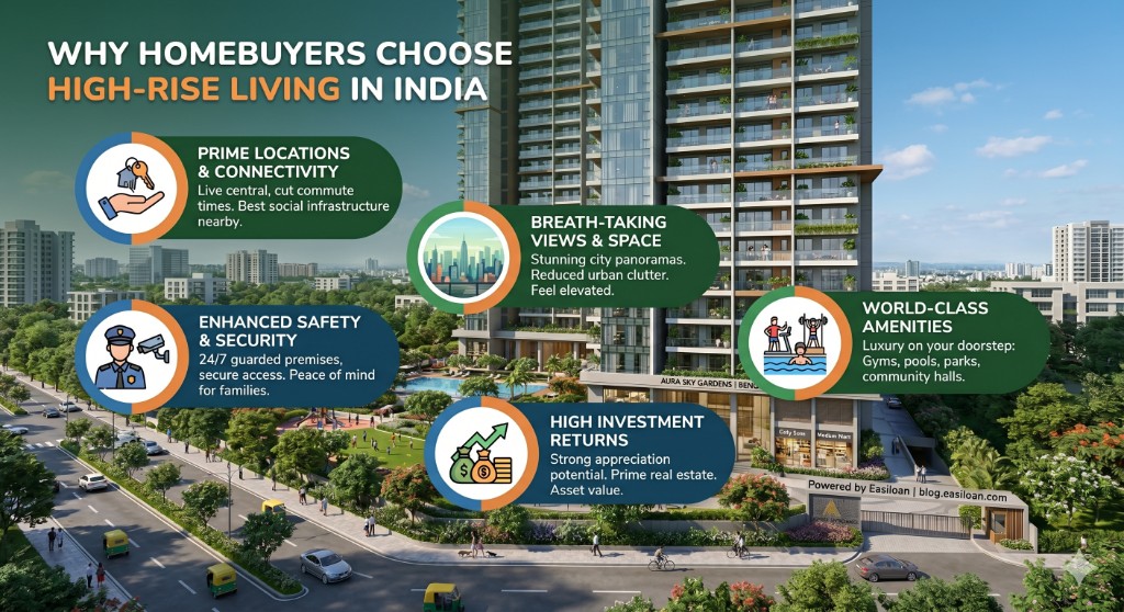 Infographic on why homebuyers choose high-rise living in India — prime locations and connectivity, 24/7 security, city views, investment returns, and world-class amenities at a modern apartment tower.